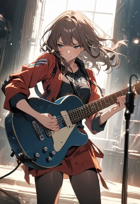 The girl plays the guitar