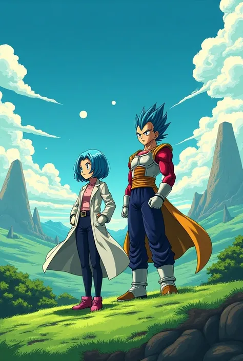 Create an image of Bulma from Dragon Ball Z with Vegeta on the planet namek