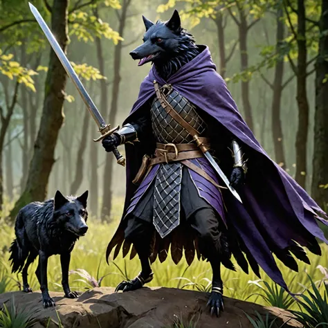 Kenku, miniature Crow Person, Small, 3foot tall, Wearing a purple cloak, wearing black scale mail, crazy bed head style feathers, struggling to wield a 6ft sword, riding a massive black wolf the size of a horse in to battle, battle cry, battfield around th...