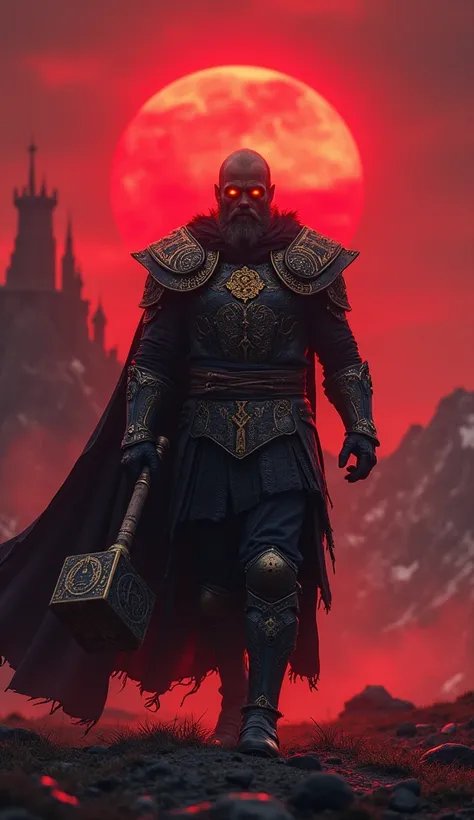  Imagine a Viking Sith warrior wearing intricate Gothic armor , with black and gold details,  symbolizing power and discipline .  He carries a huge war hammer with glowing Sith runes ,  surrounded by an intense red aura .  His eyes are a menacing glow of h...