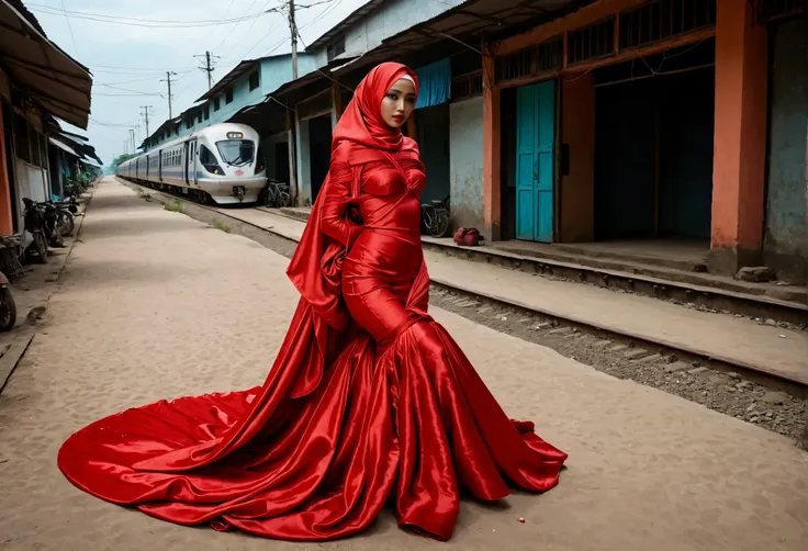 A woman shrouded in a 9-meter-long, plush red satin cloth, tightly bound and grandly draping along the form of her body, flowing off into a pooled floor-length train, styled in a mermaid-inspired outfit, her head modestly veiled in a satin hijab, 175 heigh...