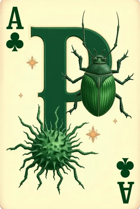 A playing card featuring a vintage-style illustration of a virus and a Chagas bug (triatomine) in green tones. The virus is depicted with intricate details showcasing its structure, while the Chagas bug is illustrated with characteristic features, includin...