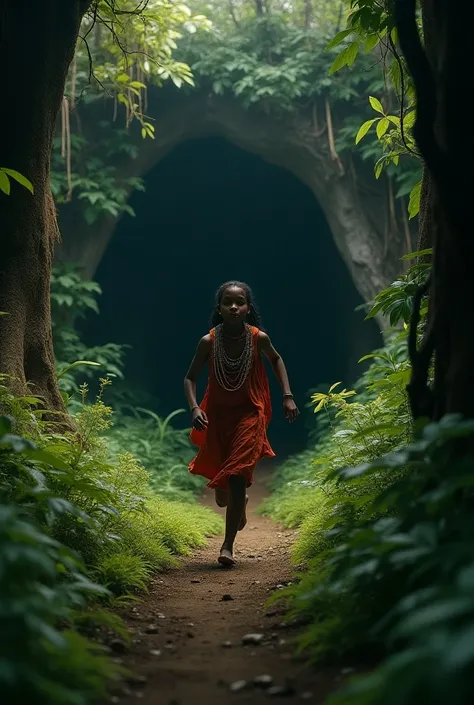 A beautiful maasai girl runing from dark caves in the middle of the forest