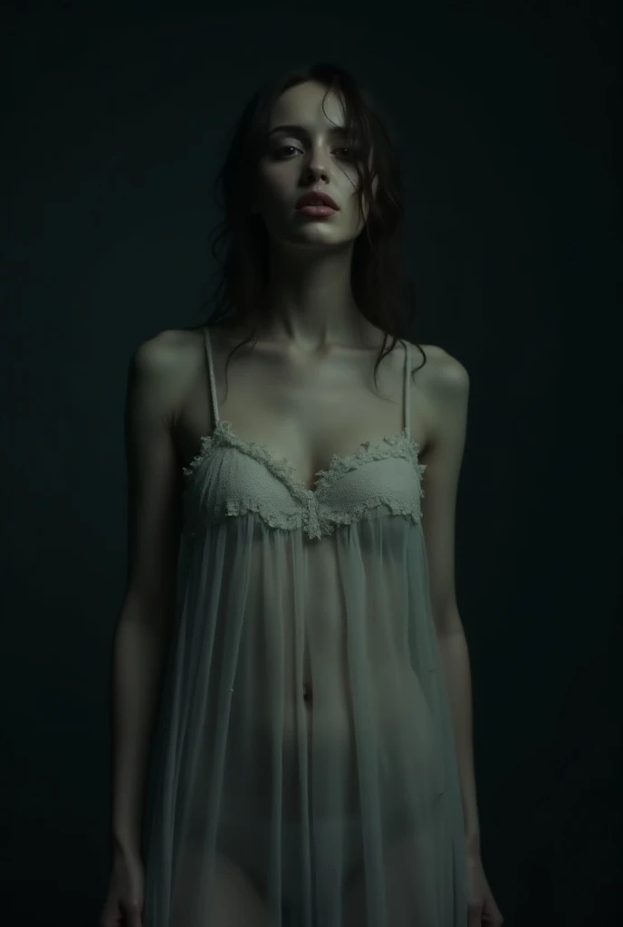 a sad woman with horror motifs, a lady practically naked, wearing a transparent nightgown without underwear, (best quality, 4k, 8k, high resolution, masterpiece: 1.2), ultra detailed, (realistic, photorealistic, photorealistic: 1.37), beautiful detailed ey...