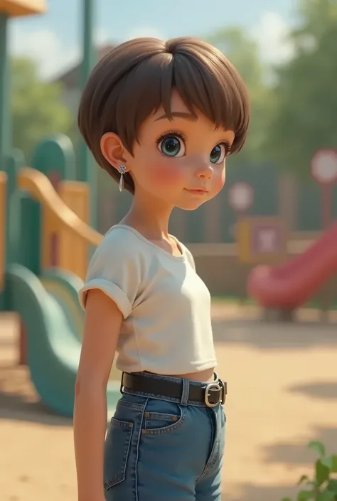 White girl , 10y, 1:3, standing, side view, short white top, blue very high waisted jeans, black belt, short pixie hair, brown hair, small earrings, hair pin, blue eyes, shy, playground, ren in background