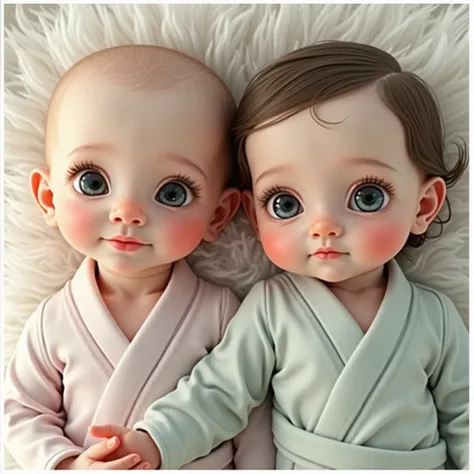 Two beautiful babies,  with black hair  , gray-eyed , With silk ropita