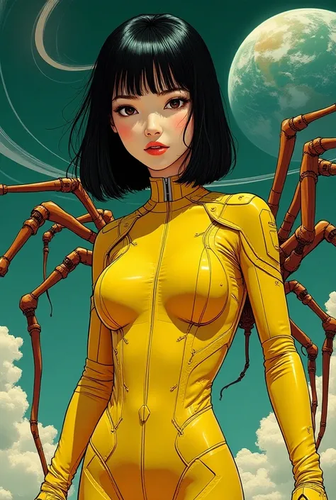 (( Pay attention to the flat :1.5, Plano General, the whole body:1.5)), 1 Beautiful girl, ( Yellow Techno Suit ), Mechanical spider, circles, fractais,( black outline art ) by Yoshitaka Amano ,Travis Charest. , Earth, , yellow, green. Magenta, violet, ,  h...