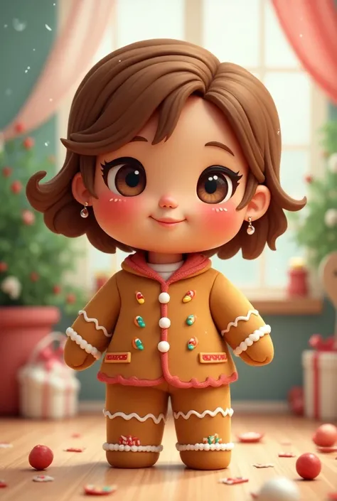  Make a very lively gingerbread cookie in cartoon mode, That this pretty , That is feminine ,   I want it to have a lot of nice and fun decorations, Who has nice short brown bitumen hair  
