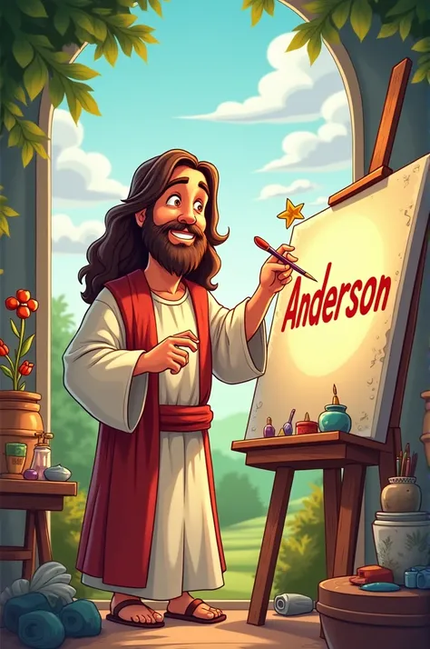 Jesus in a cartoon painting the name Anderson 