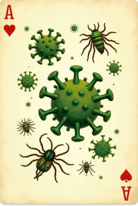 A playing card featuring a vintage-style illustration of a virus in green tones and a Chagas bug (triatomine) in its original colors. The virus is depicted with intricate details showcasing its structure, while the Chagas bug is illustrated with its charac...