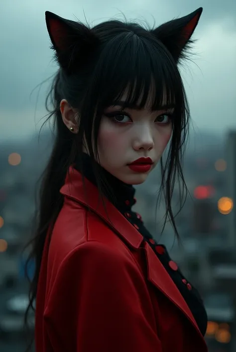 Beautiful woman with cat ears, red gyaru outfit, rooftop of building, horror realistic digital art