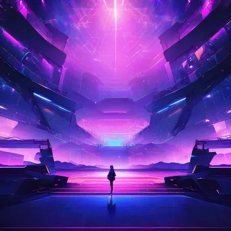 Futuristic synthwave cyber punk stage, full of moving noen lights, blue, purple and orange colors, with a grid on the floor, perfect design, distant horizon in the landscape, cyan lights