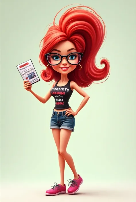 Cartoon red-haired Barbie with standing glasses showing her drivers license 