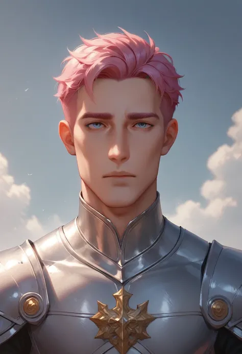 As for his appearance, he could be described as a tall, thin man with pink hair and blue eyes. He would wear white and purple armor, with a design that resembles a mix of medieval and modern armor, 8k high definition