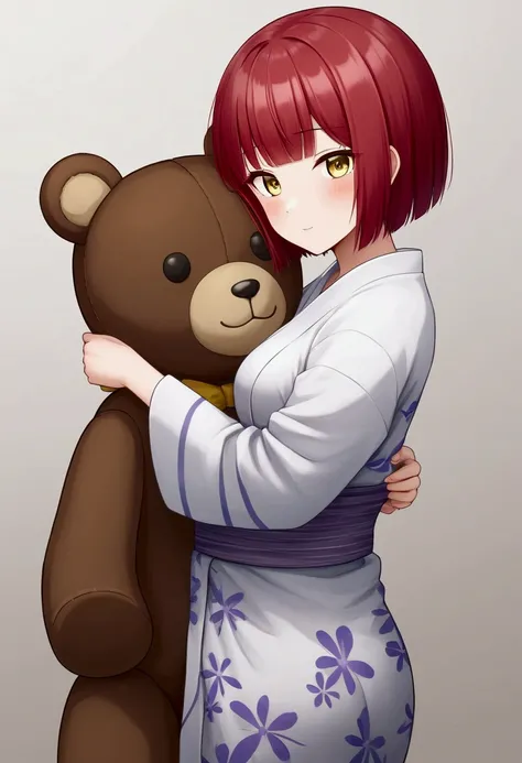 teenage girl, red hair, blunt bob cut, yellow eyes, wearing a white yukata with violet flower designs, hugging a teddy bear、anime style image, illustration by Tatsuya Endo, in Tatsuya endo art style. bright colors, distant view. pretty eyes, slim body, med...