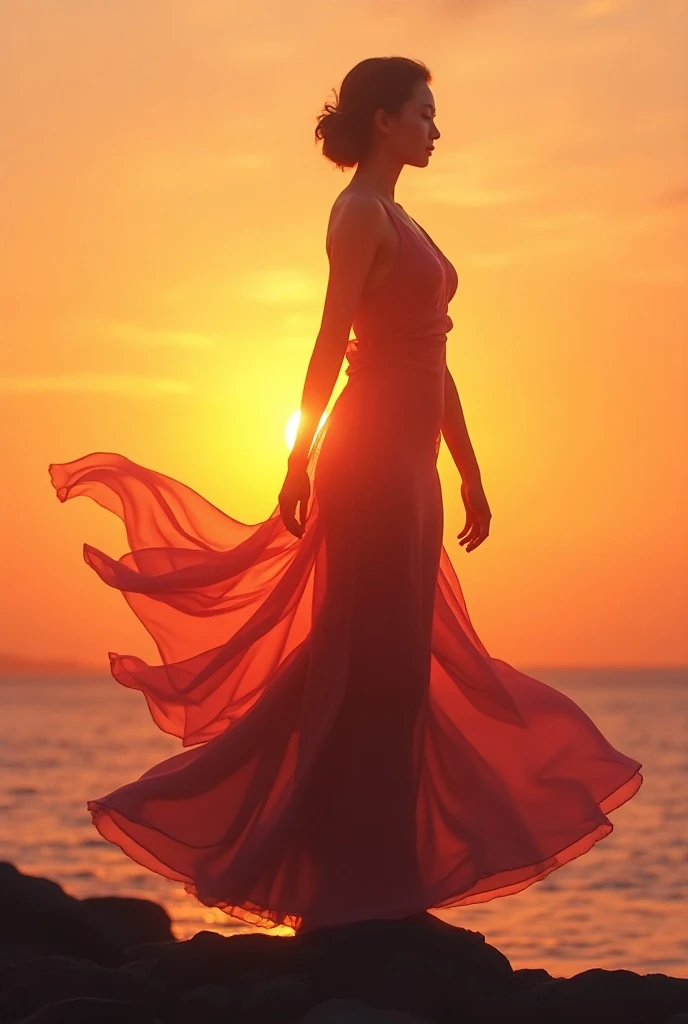 high quality，8K Ultra HD，美丽的Double Exposure，Combining the silhouette of the goddess with the sunset coast， Sunset coast should be used as a ground layer background，Details are integrated into the silhouette of the goddess， clear lines ，The background is so...