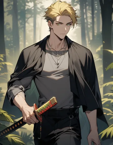 Half body, one adult man, handsome, wearing a grey shirt with black cloak, black long pants, cool, two block haircut, sixpack, silver necklace, yellow hair, green eyes, gold earing, holding a red katana, forest background