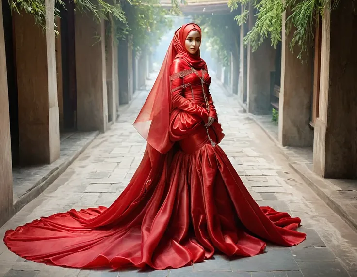 a woman shrouded in a 9-meter-long, plush red organza cloth, tightly bound and grandly draping along the form of her body, flowi...