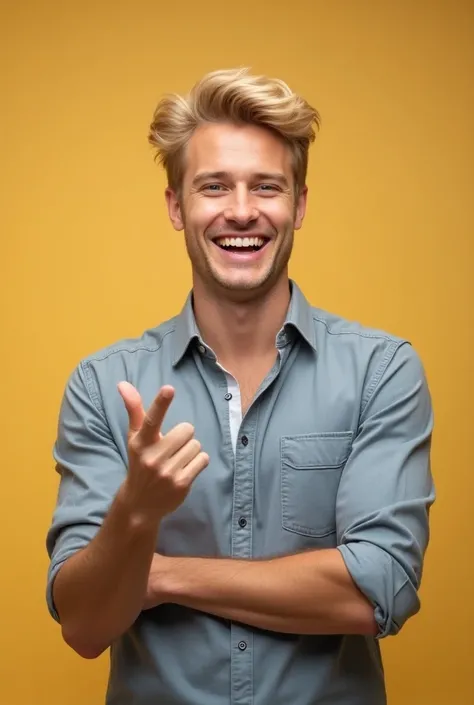 Create a realistic image of a blonde man with slightly wavy, well-groomed hair, exuding charisma. He is wearing casual, relaxed clothing, not business attire. He is smiling confidently, showing bright, white teeth. One of his arms is resting on his waist, ...