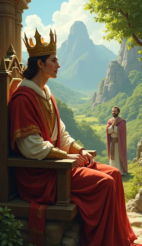 Arlon on the throne ,  wearing a simple crown and king robes ,  but maintaining a humble posture . Around you,  the kingdom flourishes with beautiful green landscapes and happy people.  The ancient king observes in the background ,  with a satisfied smile 