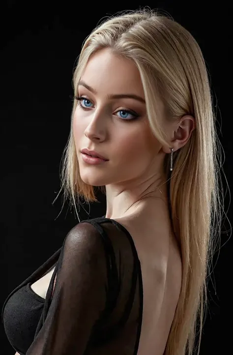 Daisy Keech in a profile pose, her blonde locks sleek and tucked behind her ear. The high-contrast lighting highlights the contours of her face, drawing attention to her flawless makeup, featuring intense winged eyeliner and a soft, natural lip. Her black,...