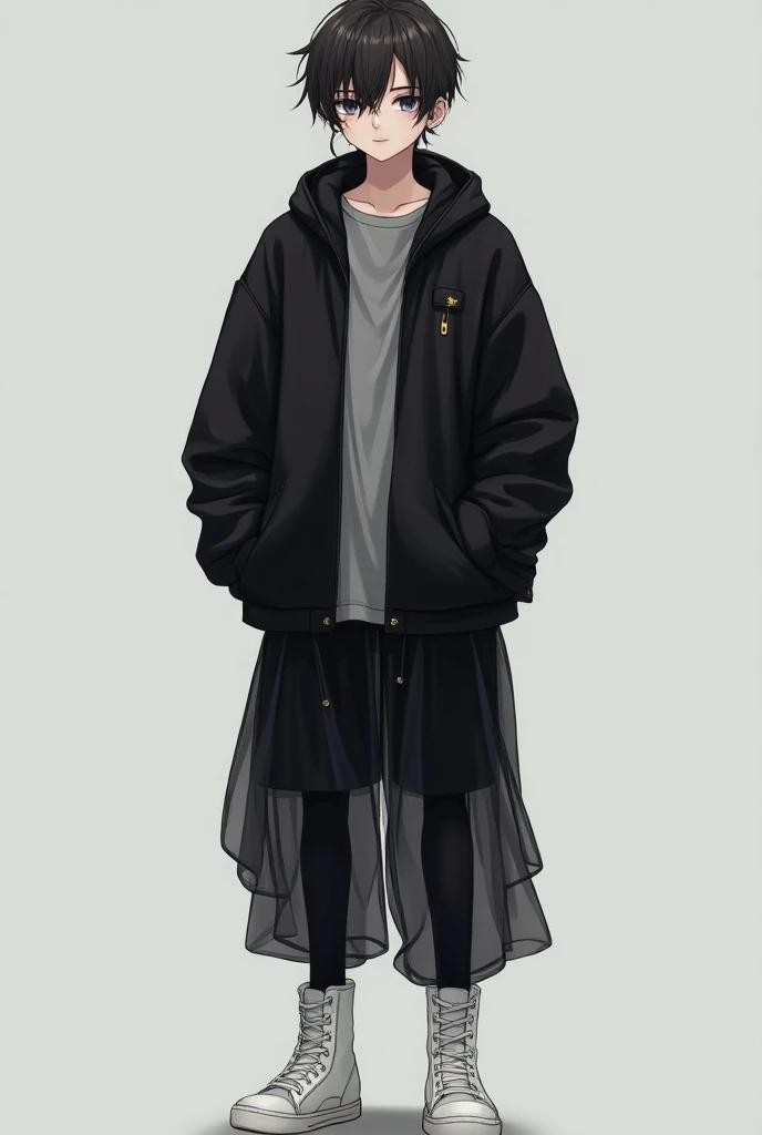  A teenage boy with thin brown tea wearing a gray , a black jacket, a black pantyhose ,  a loose black transparent pants and white boot sneakers,  t-shirt who has his hair styled in black with silver tips 
