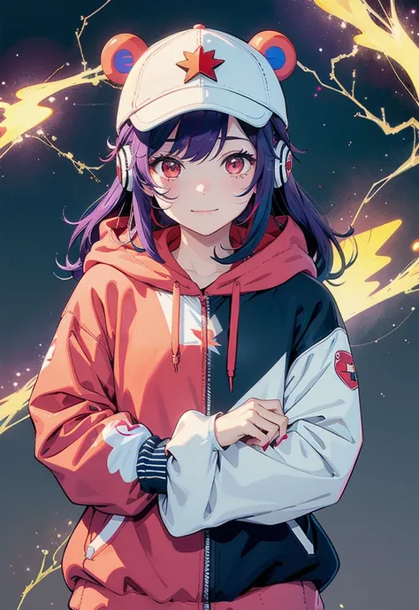 1girl, teddy bear, baseball cap, hat, solo, stuffed animal, stuffed toy, smile, long hair, hood down, jacket, hood, headphones, closed mouth, purple hair, long sleeves, fingernails, nail polish, sleeves past wrists, looking at viewer, multicolored eyes, ba...