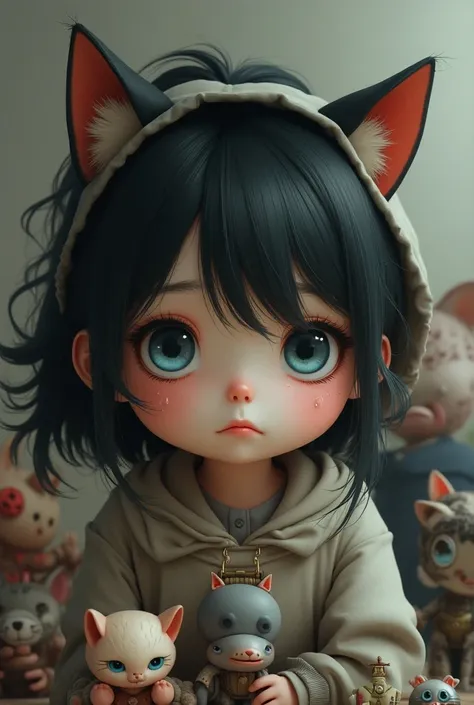 1 girl, short hair, breasts,blue eyes, black hair,  ponytail, toys, cat ears, Tears, hood, 