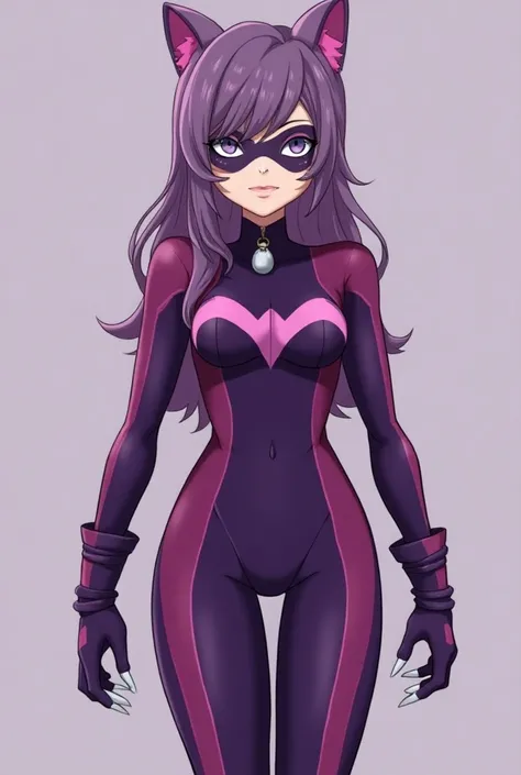 The Miyu heroine costume , inspirado na Kitty Cheshire de Ever After High,  maintains a feminine and elegant aesthetic ,  with a practical touch for combat ,  in the style of Boku No Hero Academy .  The look consists of a jumpsuit in shades In purple and m...