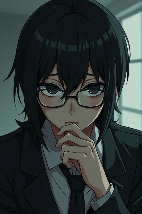 Make me an anime-style game character ,  with black hair, fair skin and black eyes , wearing glasses,  a melancholic and at the same time angry man