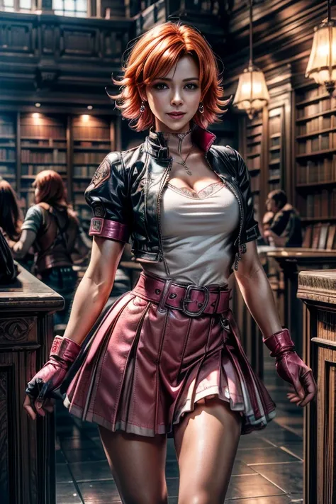 cowboy shot, beautiful (nora_valkyrie), looking at viewer, smiling, lips, short hair, blue eyes, orange hair, hoop earring, heart design on t-shirt, gloves, jacket, pink skirt, pink belt, short sleeves, puffy sleeves, single armband, fingerless gloves,  bl...