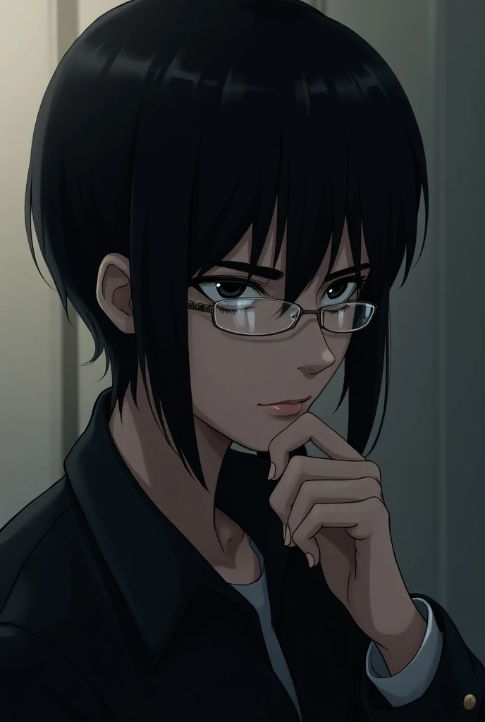 Make me an anime-style game character ,  with black hair, fair skin and black eyes , wearing glasses,  a melancholic and at the same time angry man