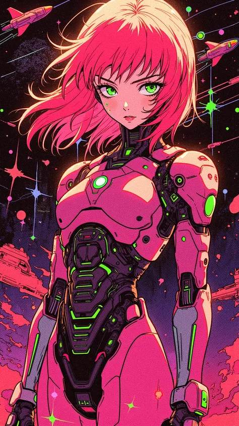 ((best quality)), ((masterpiece)), (detailed), perfect face of cyberpunk mecha japanese girl, neon pink body, neon pink hair, big neon lime green eyes, ((monochromatic neon pink, orange and lime green color palette)), surreal, art nouveau, in the illustrat...