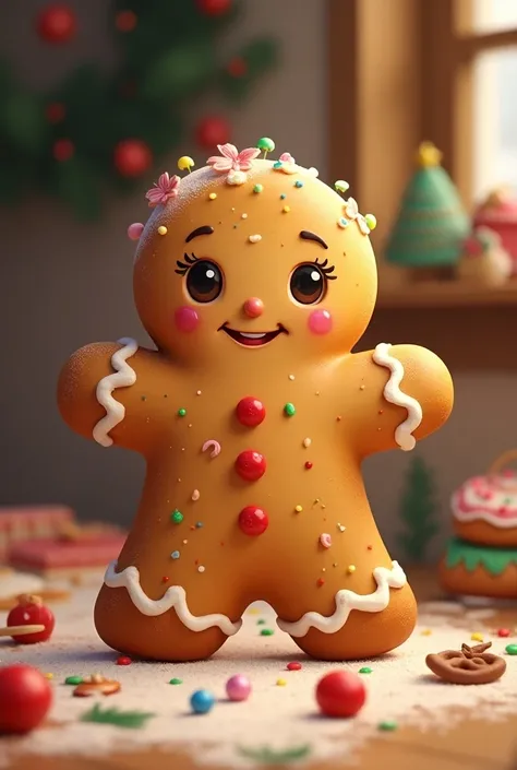  Make a gingerbread cookie that doesnt look like a human , I dont want it to have a human face either ,  I just want it to be a gingerbread cookie with lots of nice and fun decorations, that it be animated,,  make it a little more feminine , Put on little ...