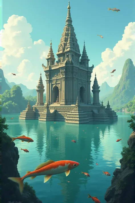 A temple goes up the water with several fish swimming