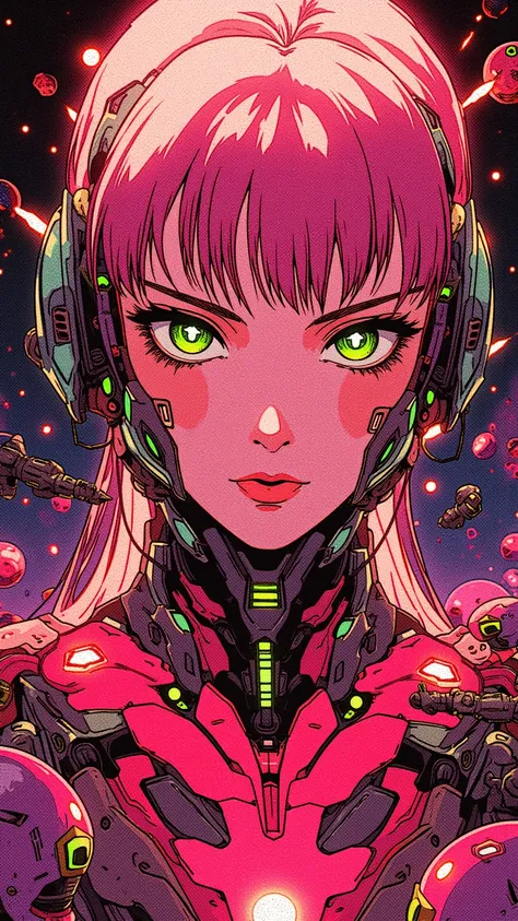 ((best quality)), ((masterpiece)), (detailed), perfect face of cyberpunk mecha japanese girl, neon pink body, neon pink hair, big neon lime green eyes, ((monochromatic neon pink, orange and lime green color palette)), surreal, art nouveau, in the illustrat...