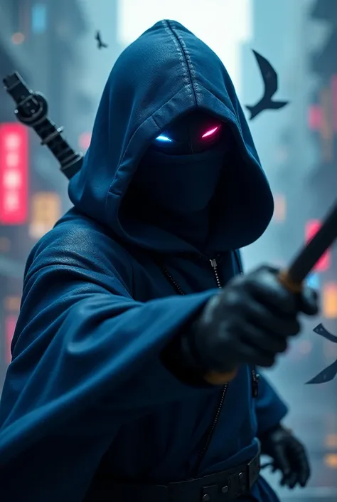 Video game computer that is a ninja playing Shurikens ,  wears a dark blue coat and has a pink eye on the left side and a blue eye on the right side. 