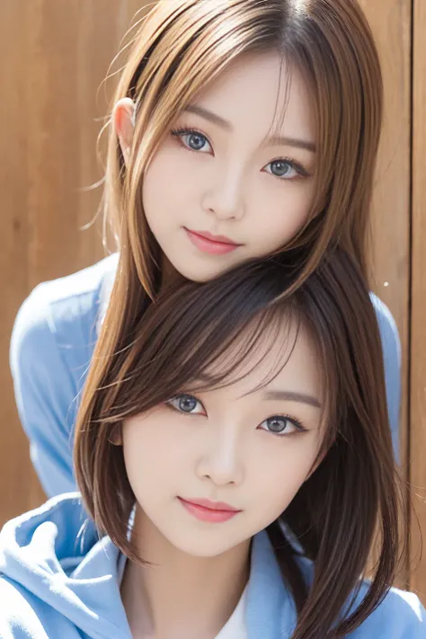 「 a beautiful, mature Korean woman wearing school clothes 、 looks at me with a cute expression 。Her hairstyle is random、 short hair、 long hair、 and 、Her hair color is blonde.、eye color is bright blue。 her facial features are elegant 、 natural makeup is app...