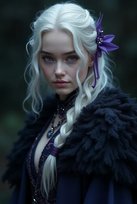 Create image ,Girl with white hair with locks 
In the black hair ,white skin,purple eyes, Second daughter  , and controls a black dragon  ,purple and blue.Daughter of the Princess of the House Targaryen and the bastard son of the House Stark ( game of thro...