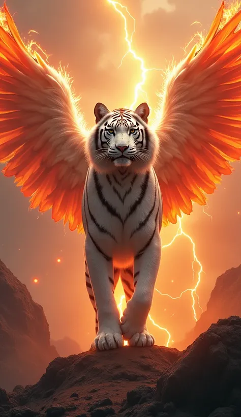 A powerful white tiger with the fiery, glowing wings and tail feathers of a phoenix, standing in a volcanic landscape, with flames surrounding its body.

