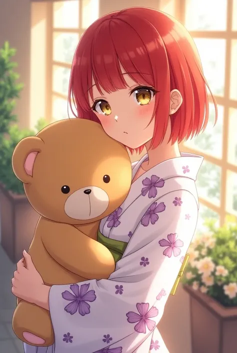 teenage girl, red hair, blunt bob cut, yellow eyes, wearing a white yukata with violet flower designs, hugging a teddy bear、anime style image, illustration by Tatsuya Endo, in Tatsuya endo art style. bright colors, distant view. pretty eyes, slim body, med...