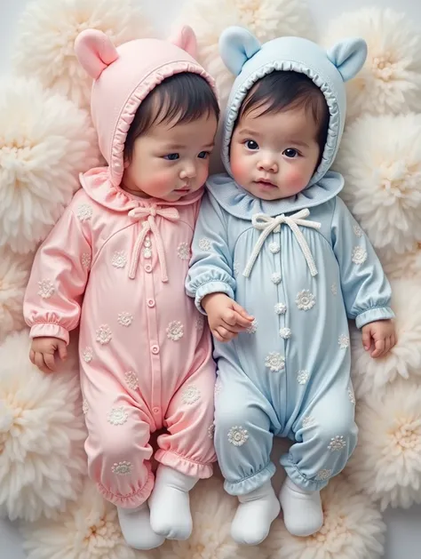 Two beautiful babies,  with black hair , gray-eyed , With silk ropita, with two pink and blue baby caps 