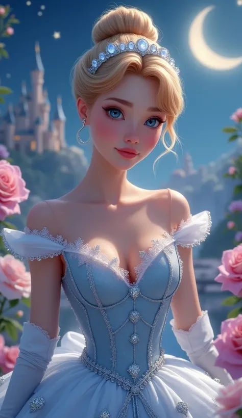 Create an enchanting, close-up portrait of a Portrait of Cinderella, beautiful woman, an hourglass figure, and a softly shaped, kind face. Her skin is fair and flawless, and she has pink lips and blue eyes. Cinderellas hair is strawberry-blonde. Her hair i...