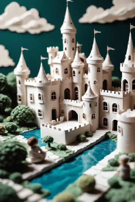 there is a very large white castle made of paper on a table, paper modeling art, paper art, intricate scenery, insanely detailed...