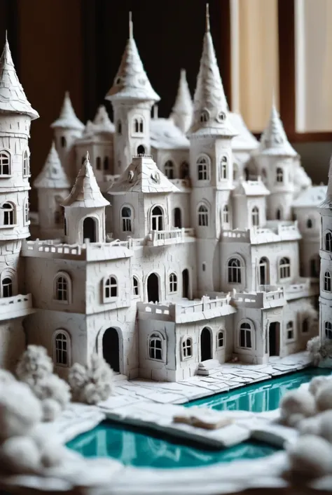 there is a very large white castle made of paper on a table, paper modeling art, paper art, intricate scenery, insanely detailed...