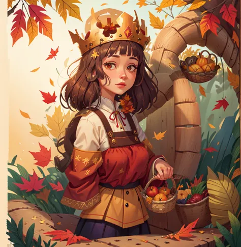 Generate an illustration with white background of a young woman with a crown of colorful fall leaves in a vibrant Russian folk costume, representing Autumn, offering a basket of harvest with a warm and festive folk art aesthetic.