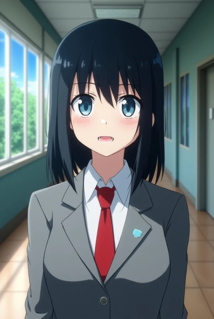 Screenshot of MY HERO ACADEMIA, a , white skin, black hair, medium height, straight and with bangs, completely blue eyes, two beautiful tones, pulled, with little makeup, pompous lips, showing her teeth with a narcissistic aura, she has fangs. She wears th...