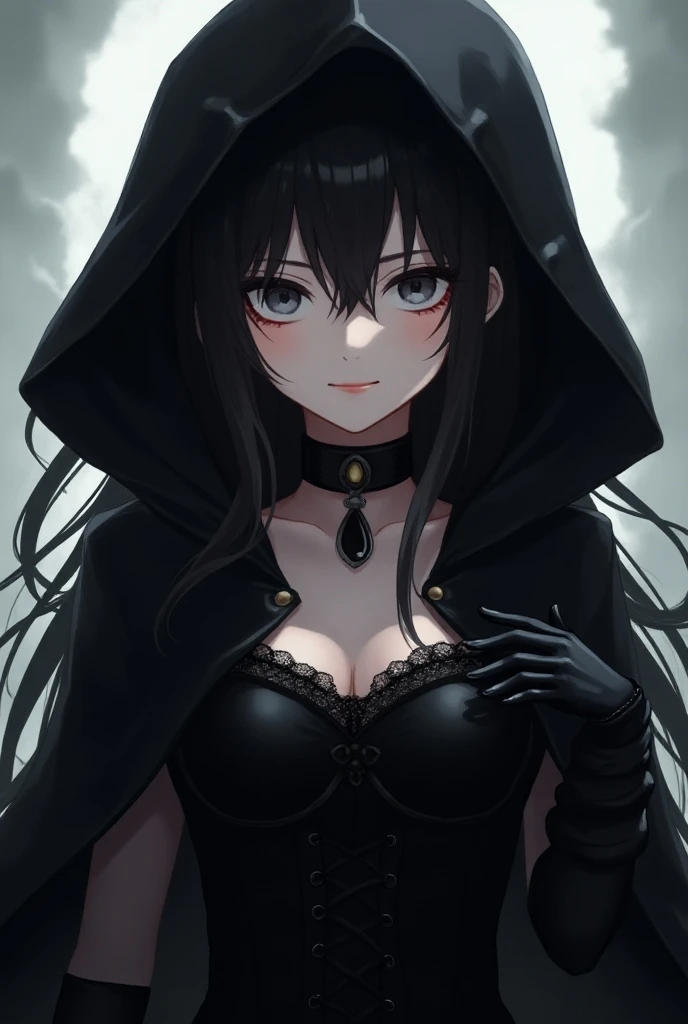  creates an image of a female anime character,  the character has pale skin ,  the long black hair with a black hood ,  the characters clothing is a black corset ,  has black gloves  ,And a black choker with a tender face only from her anime face