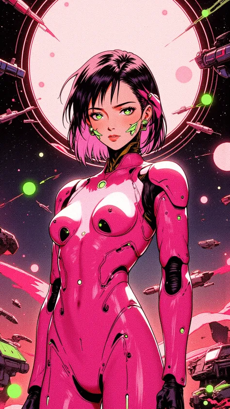 ((best quality)), ((masterpiece)), (detailed), perfect face of cyberpunk mecha japanese girl, neon pink body, neon pink hair, big neon lime green eyes, ((monochromatic neon pink, orange and lime green color palette)), surreal, art nouveau, in the illustrat...