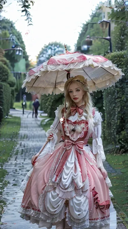 full body photo of lara long blonde hair , lips painted red wearing long dress, he's in a park in the victorian era holding an u...